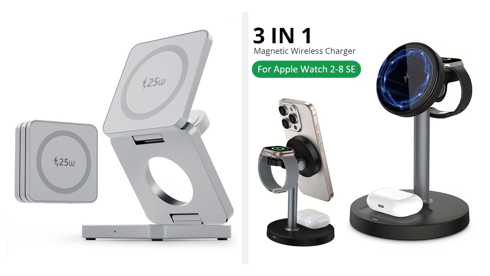 A 3-in-1 travel charger and a foldable magnetic stand compared for hotel-night charging