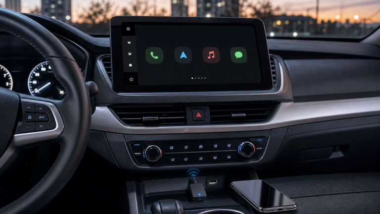 Wireless CarPlay adapter and AI box comparison in a car dashboard