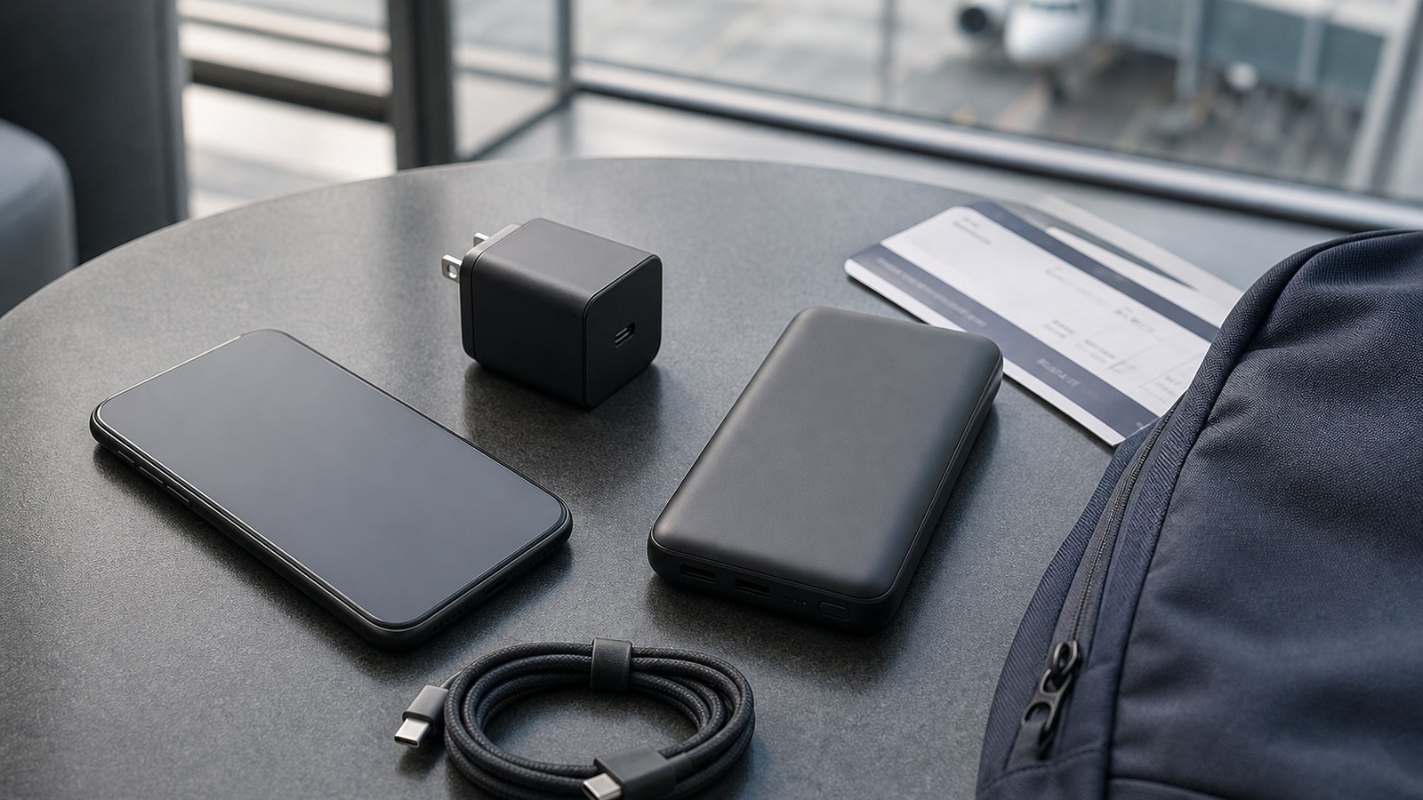 USB-C travel charger and slim power bank on an airport cafe table