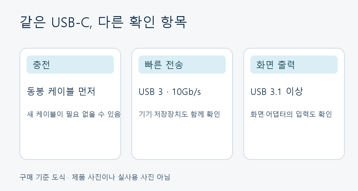 충전, 10Gb/s 데이터 전송, 화면 출력에 따라 확인할 케이블 조건을 구분한 자체 제작 도식